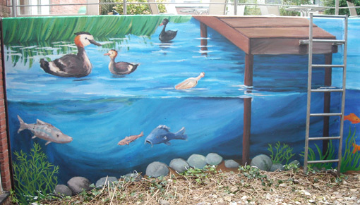 Wandmalerei Haubentaucher, Fische, Flaschenpost, unter und über wasser